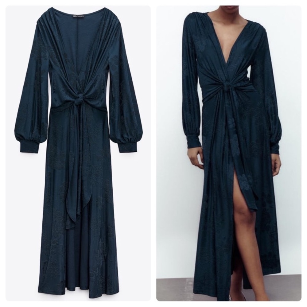 Zara long jacquard dress navy blue - size Large - Picture 8 of 11